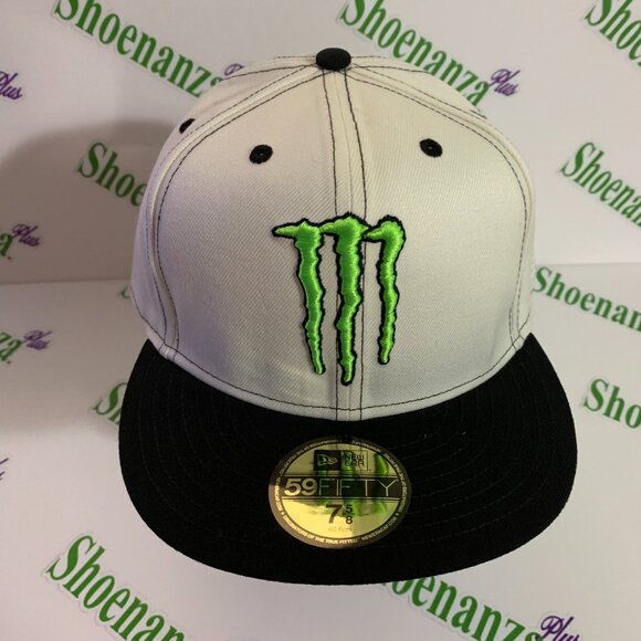 Monster Energy New Era 59Fifty Hat Flat Brim Fitted Cap Off White Black 7 5/8 - Picture 2 of 7